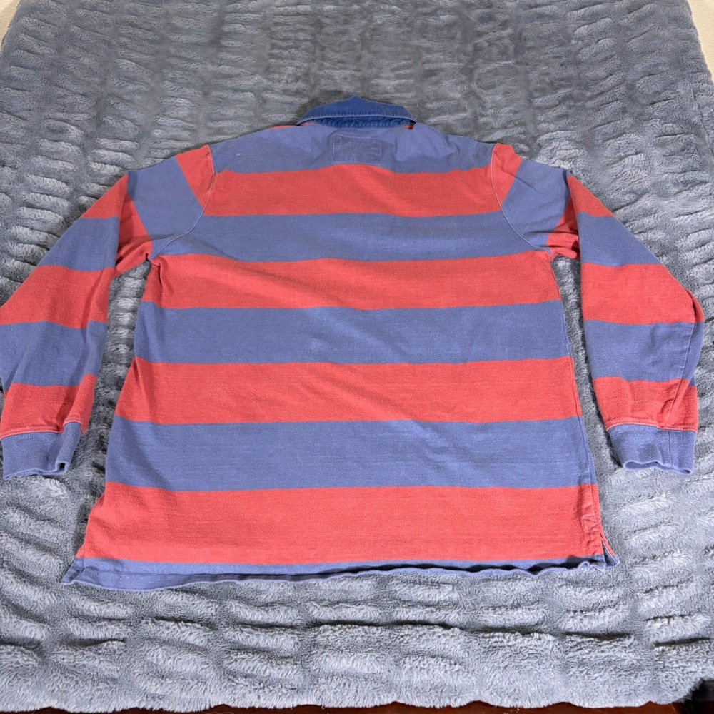 LL Bean Mens Large Rugby Shirt Red Blue Striped Cotton Long Sleeve 501144